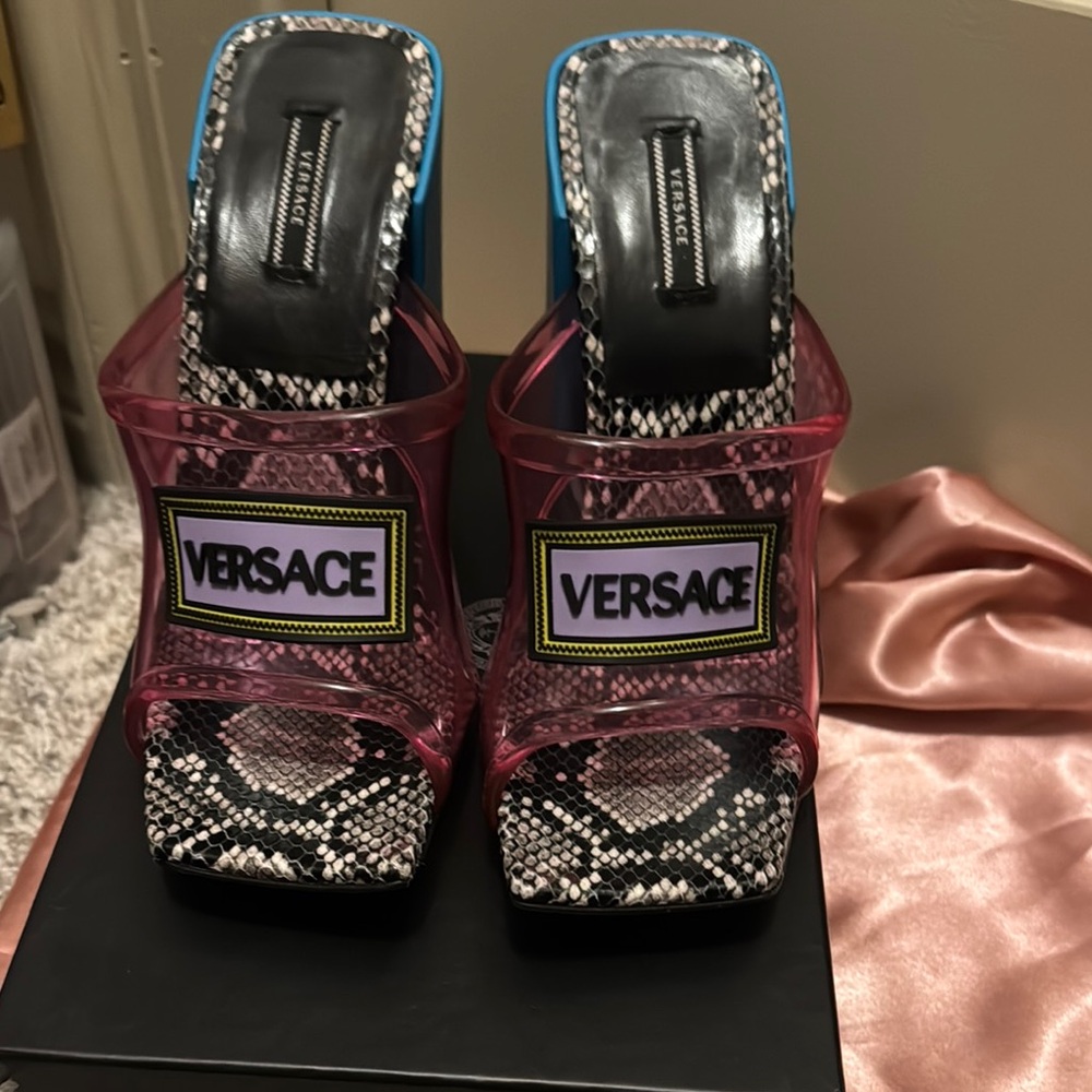 Versace Pink and Black Heels with Bold Design